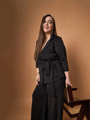 Women Black Knotted Wrap Top With Straight Pants-SFSETS96036