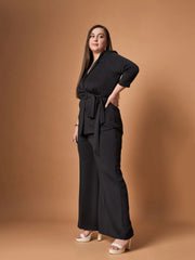 Women Black Knotted Wrap Top With Straight Pants-SFSETS96036