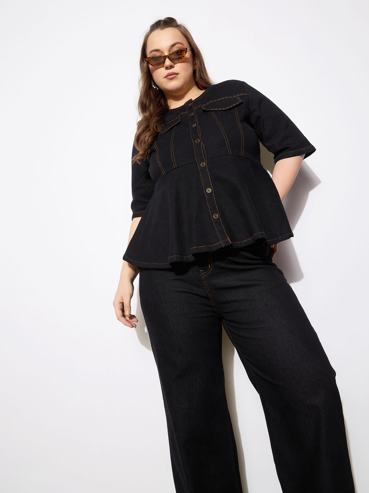 Women Black Denim Studded Peplum Top With Jeans-SFSETS96131