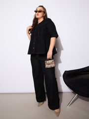 Women Black Denim Studded Peplum Top With Jeans-SFSETS96131