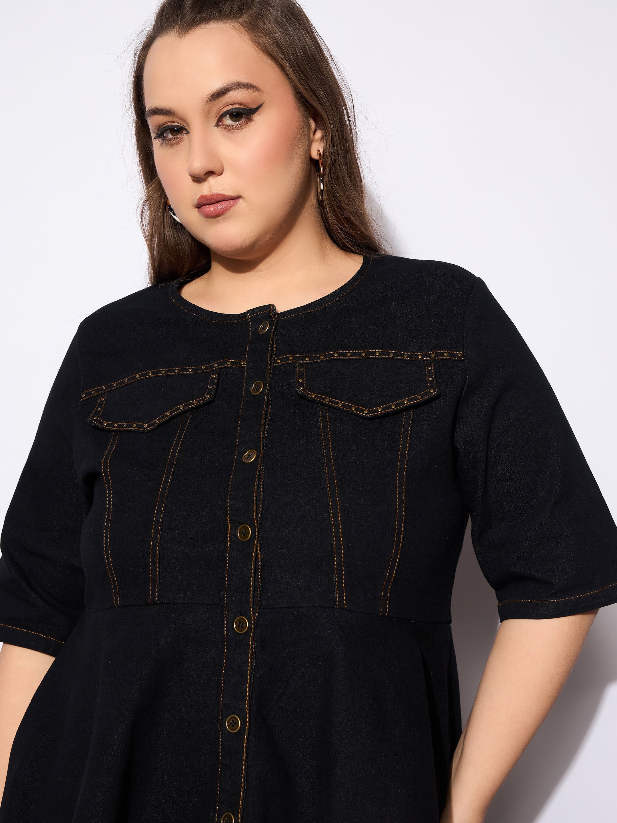 Women Black Denim Studded Peplum Top With Jeans-SFSETS96131