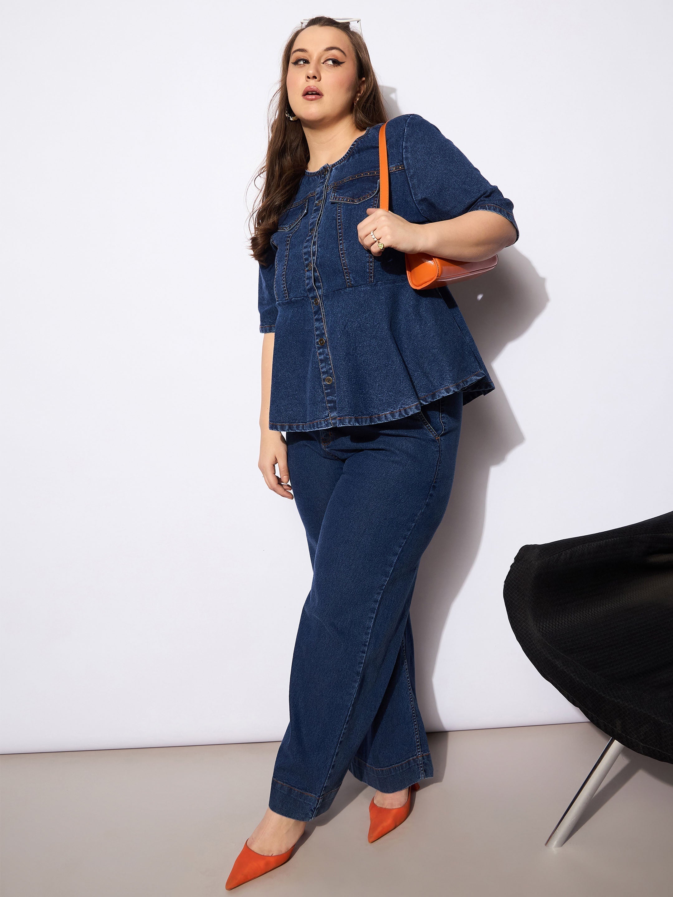 Women Navy Denim Studded Peplum Top With Jeans-SFSETS96132