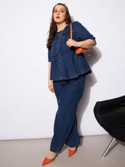 Women Navy Denim Studded Peplum Top With Jeans-SFSETS96132