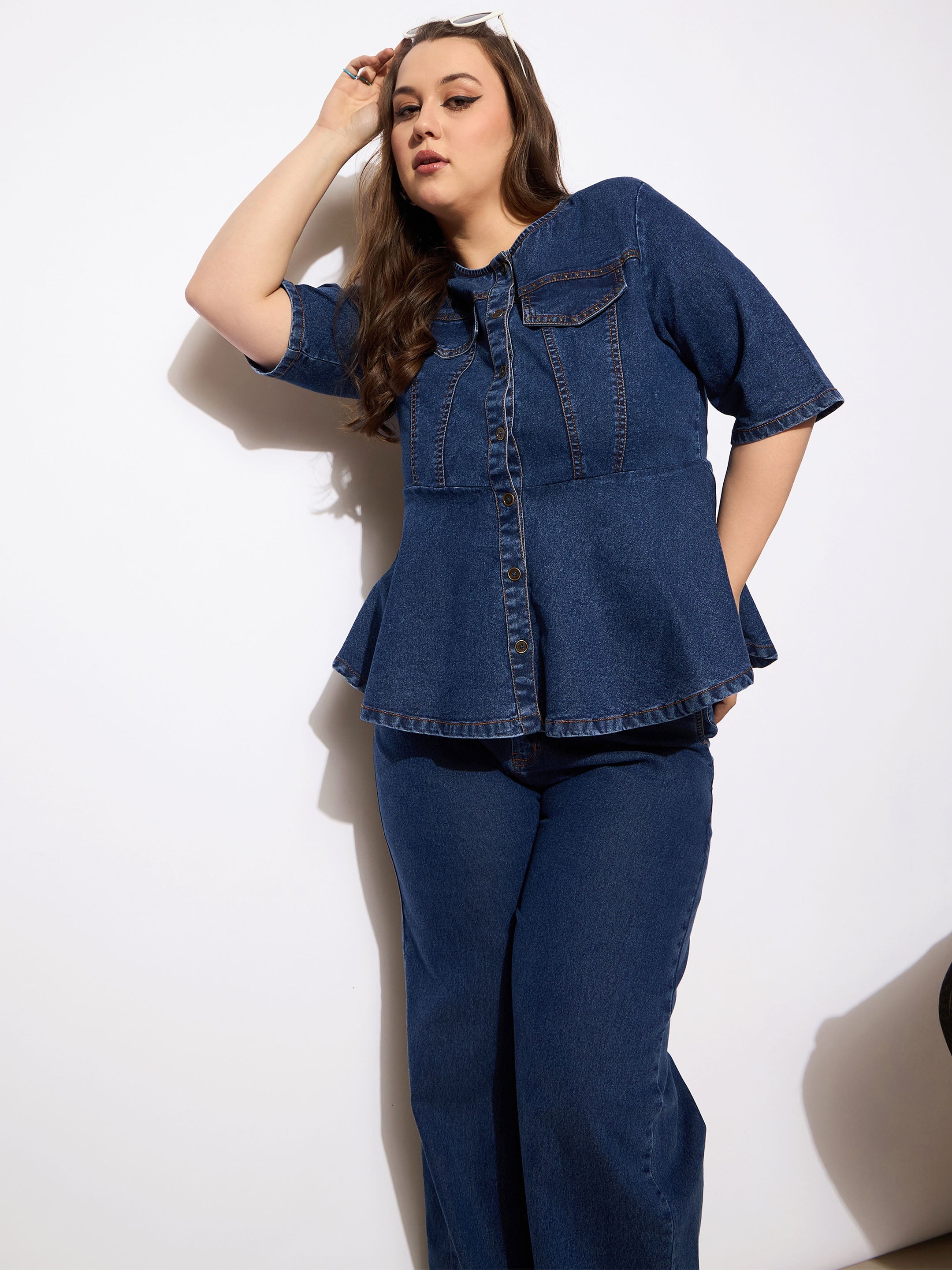 Women Navy Denim Studded Peplum Top With Jeans-SFSETS96132