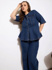 Women Navy Denim Studded Peplum Top With Jeans-SFSETS96132