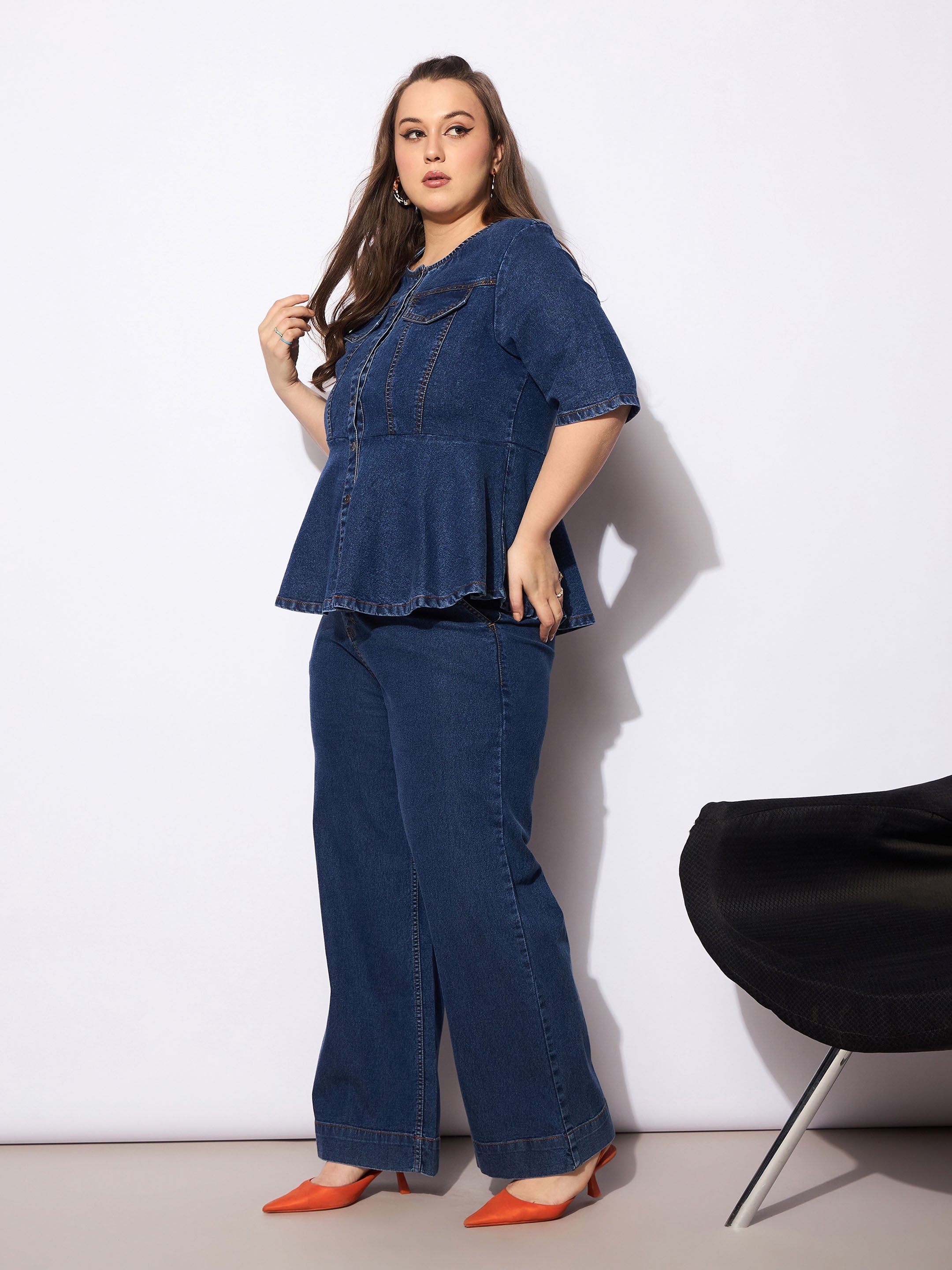 Women Navy Denim Studded Peplum Top With Jeans-SFSETS96132