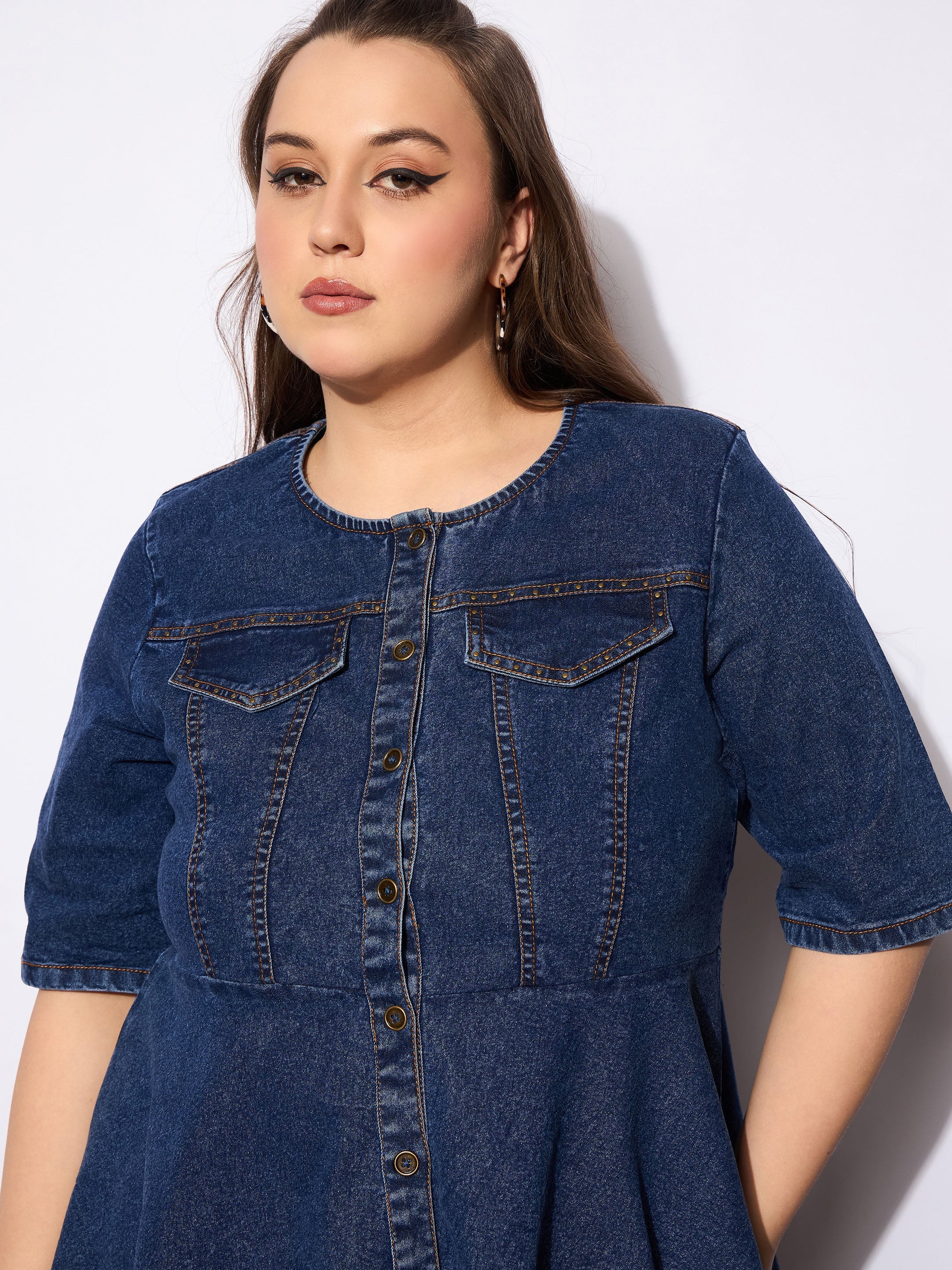 Women Navy Denim Studded Peplum Top With Jeans-SFSETS96132