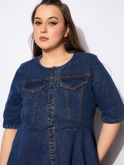 Women Navy Denim Studded Peplum Top With Jeans-SFSETS96132