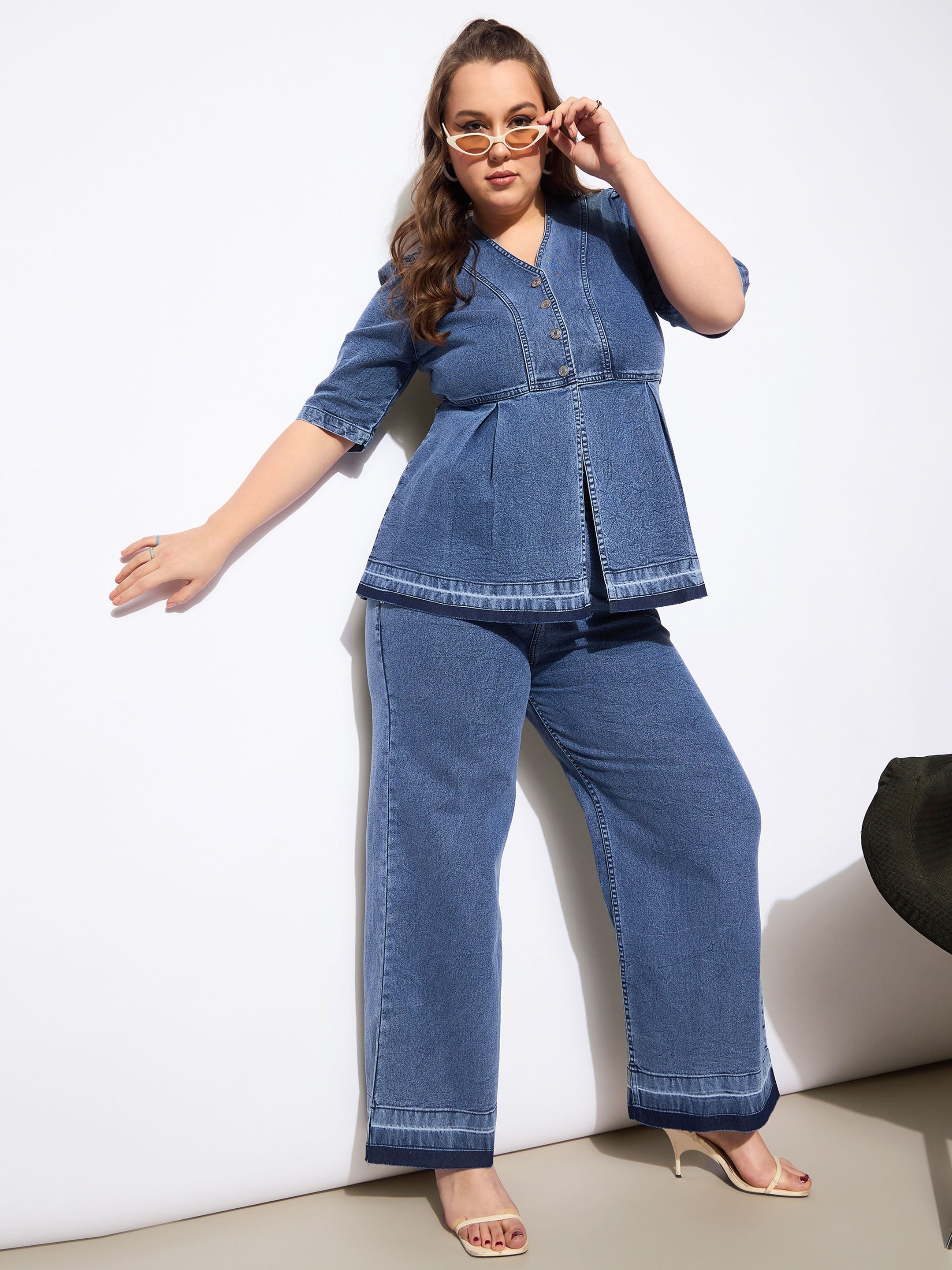 Women Blue Denim Metal Button Peplum Top With Jeans-SFSETS96133