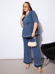 Women Blue Denim Metal Button Peplum Top With Jeans-SFSETS96133
