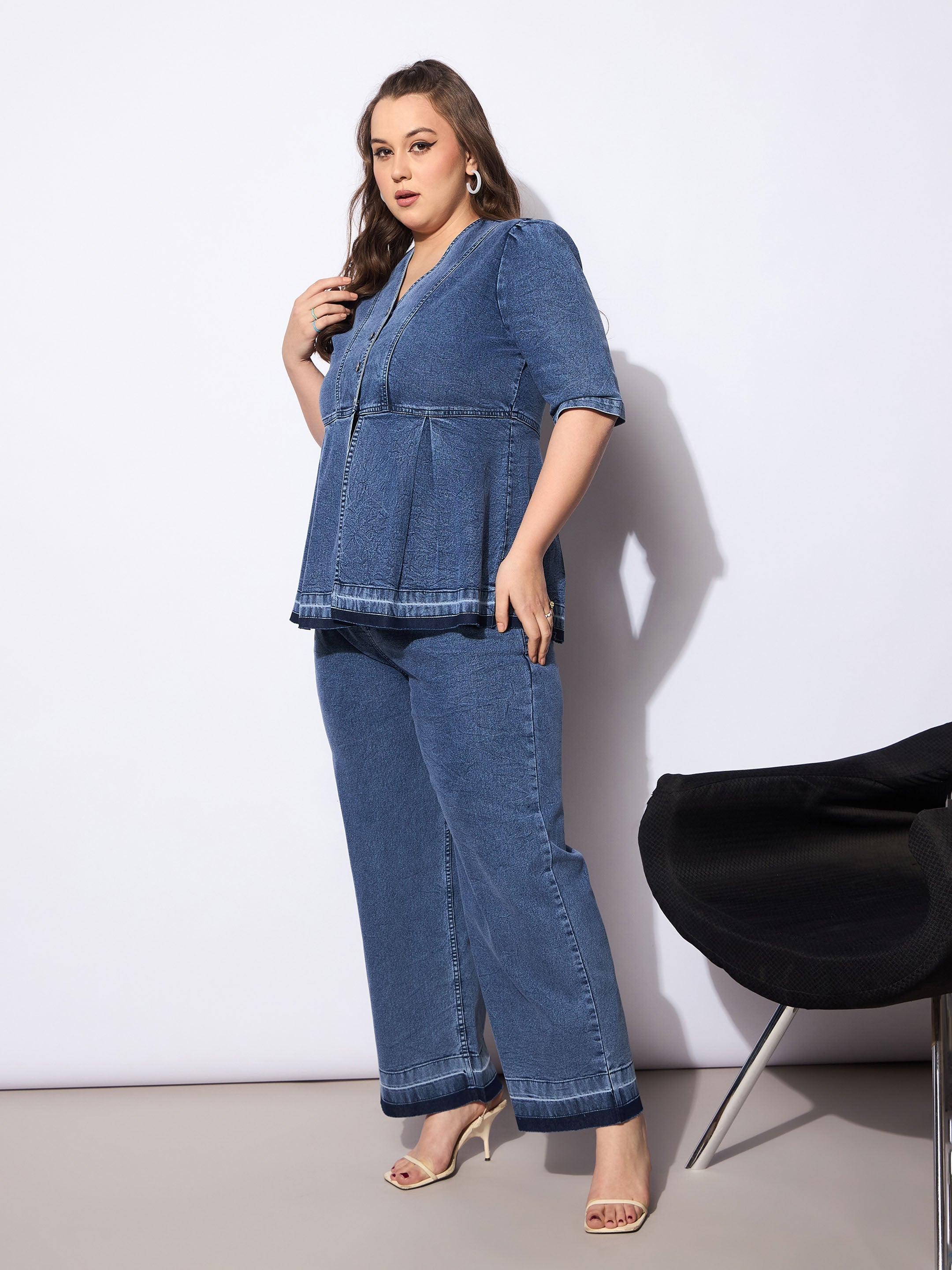 Women Blue Denim Metal Button Peplum Top With Jeans-SFSETS96133