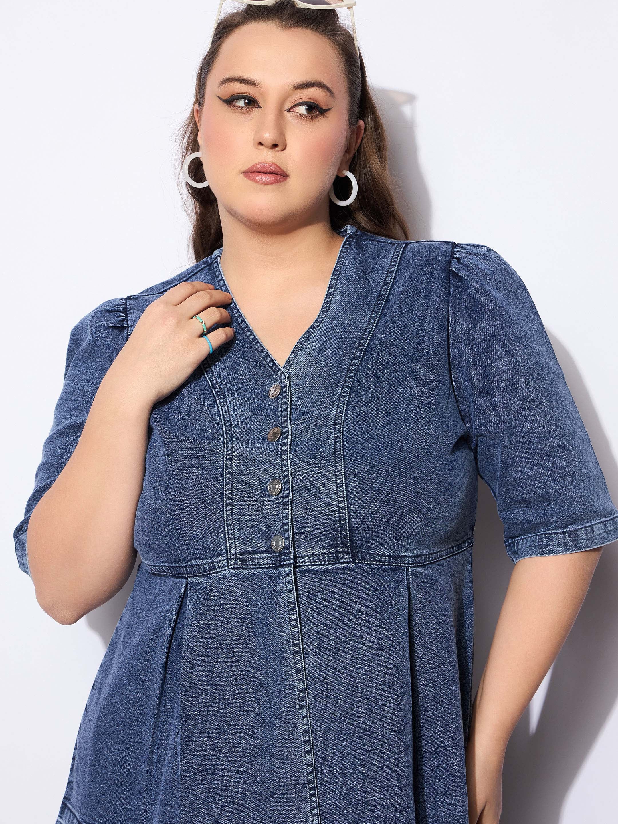 Women Blue Denim Metal Button Peplum Top With Jeans-SFSETS96133