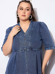 Women Blue Denim Metal Button Peplum Top With Jeans-SFSETS96133