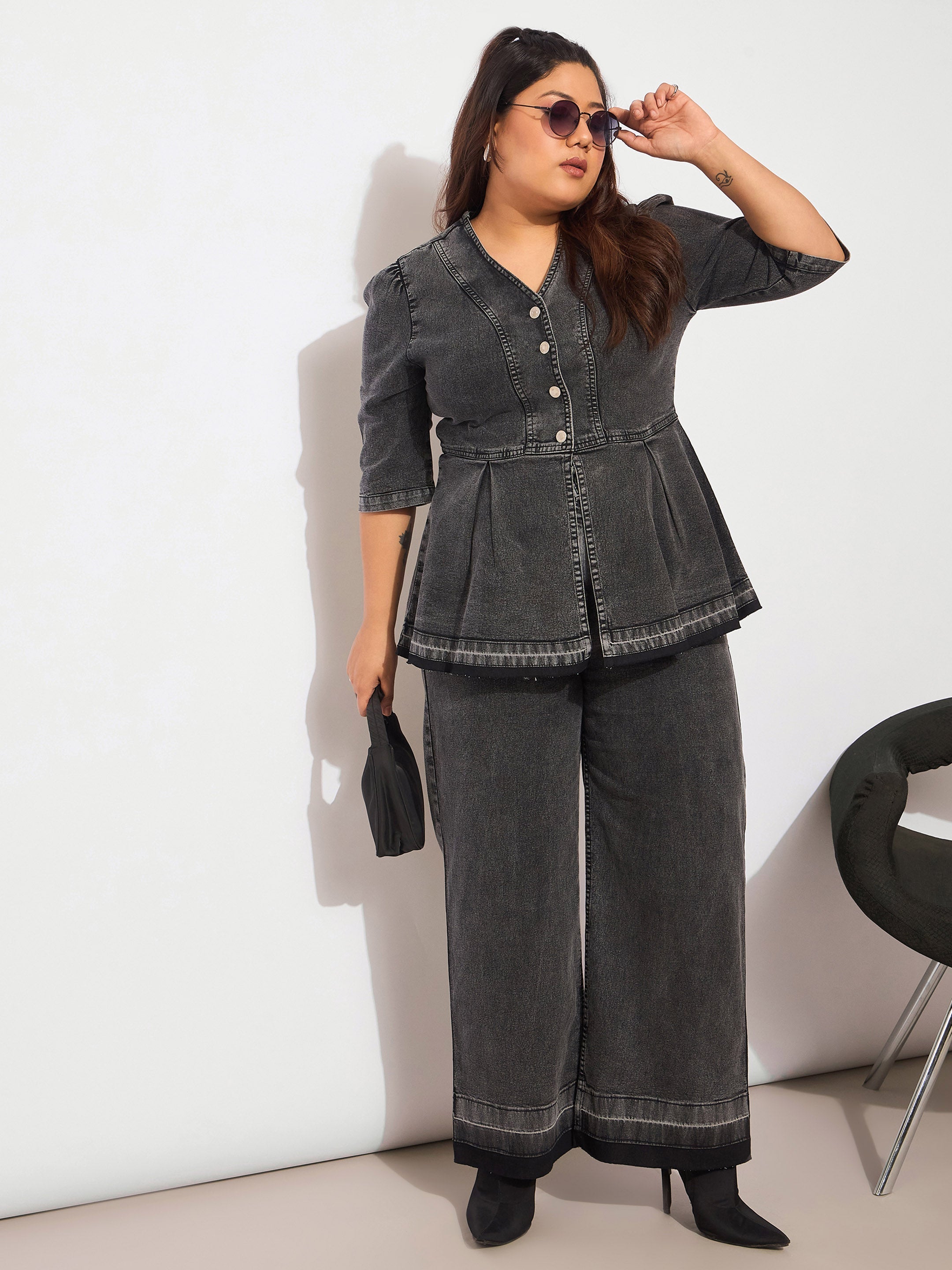 Women Black Denim Metal Button Peplum Top With Jeans-SFSETS96134