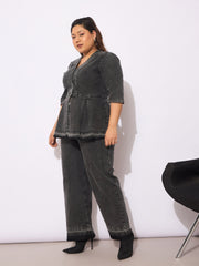Women Black Denim Metal Button Peplum Top With Jeans-SFSETS96134