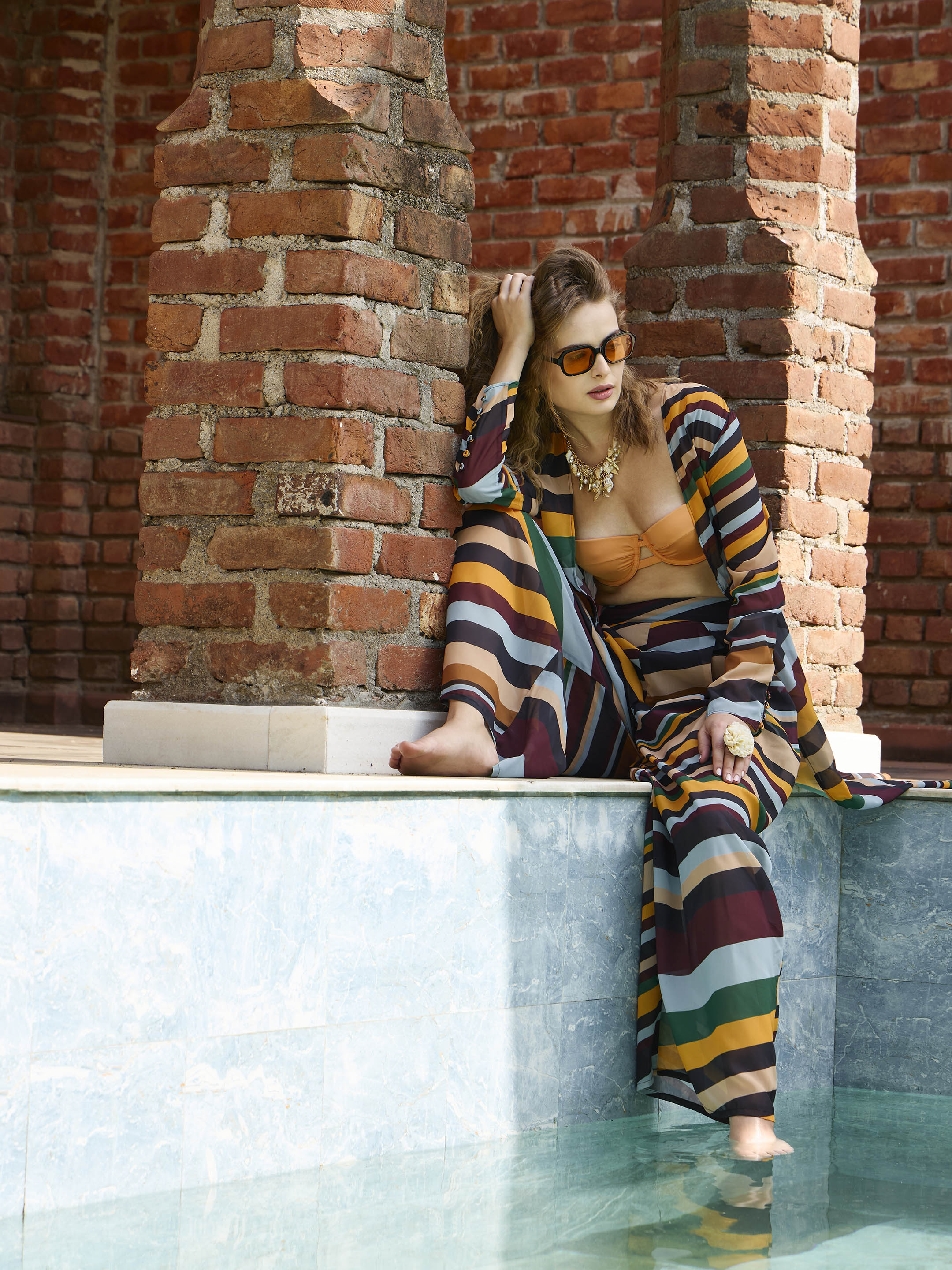 Women Yellow Multicolor Stripes Top With Flared Pants-SFSETS96135
