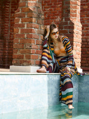Women Yellow Multicolor Stripes Top With Flared Pants-SFSETS96135