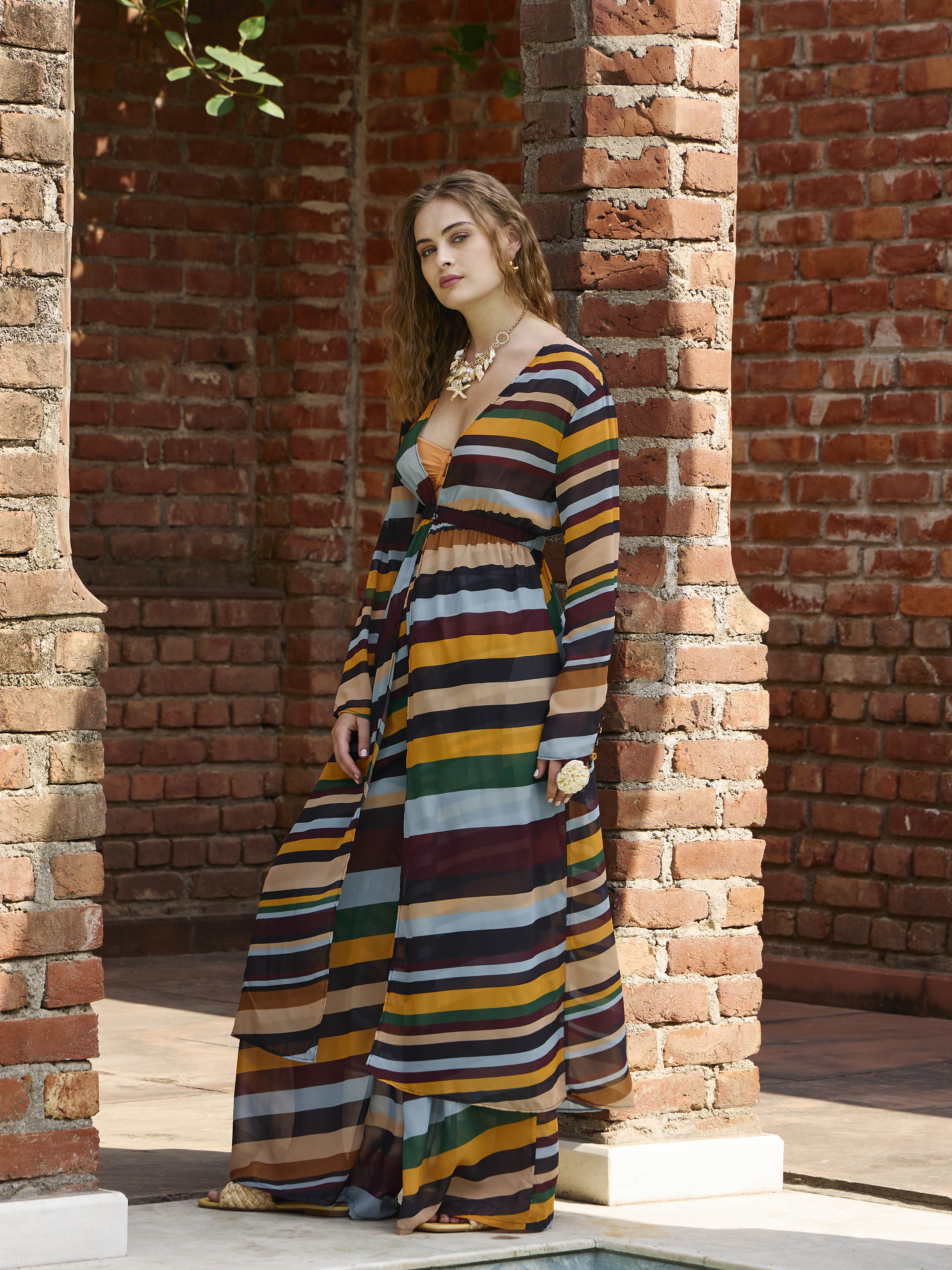Women Yellow Multicolor Stripes Top With Flared Pants-SFSETS96135