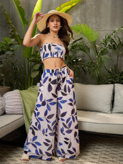 Women White Floral Tube Top With Flared Pants-SFSETS96136