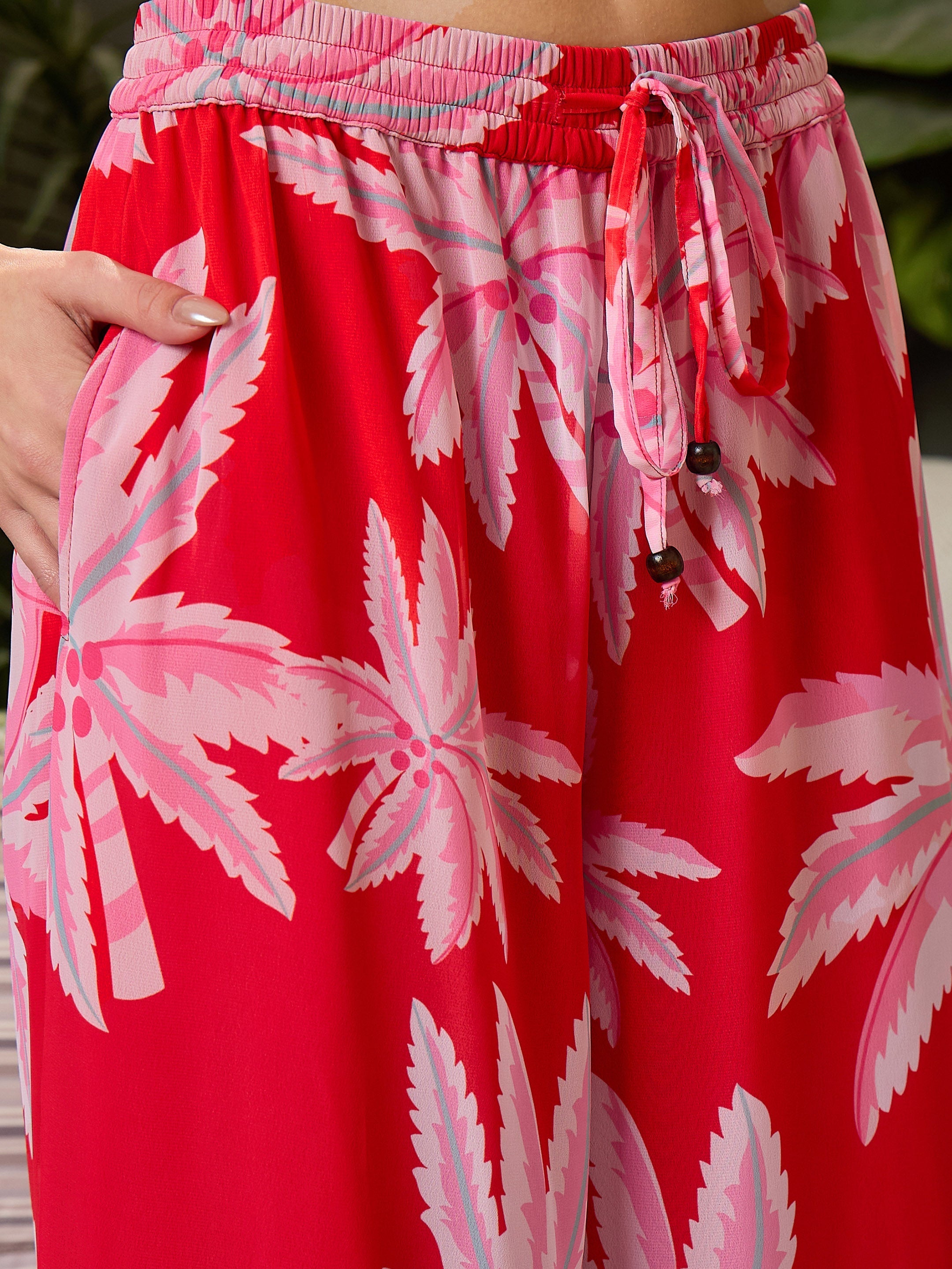 Women Red Floral Tube Top With Flared Pants-SFSETS96137