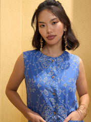 Women Blue Floral Waistcoat With Pants-SFSETS96138