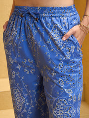 Women Blue Floral Waistcoat With Pants-SFSETS96138