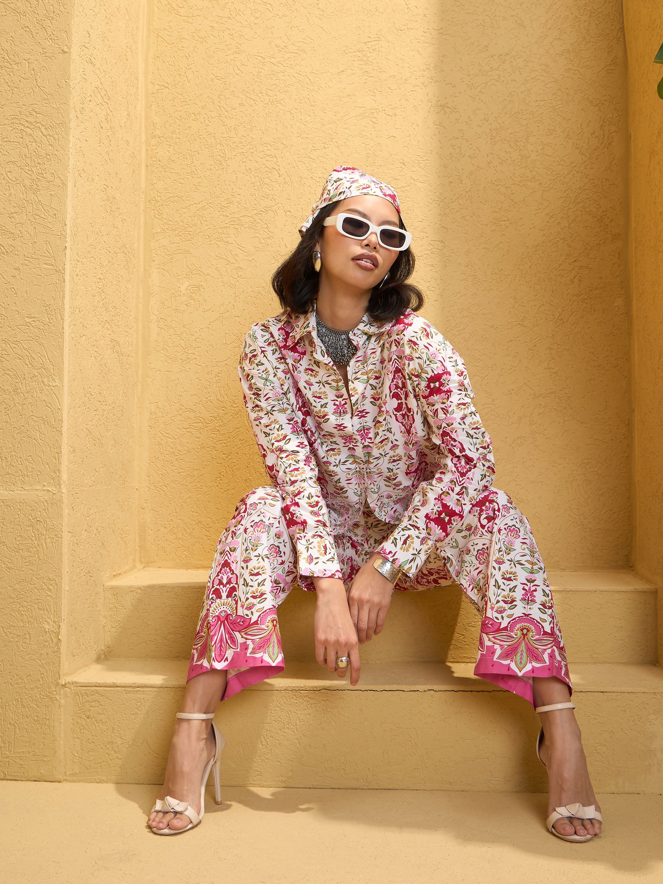 Women Pink & White Floral Shirt With Pants-SFSETS96139