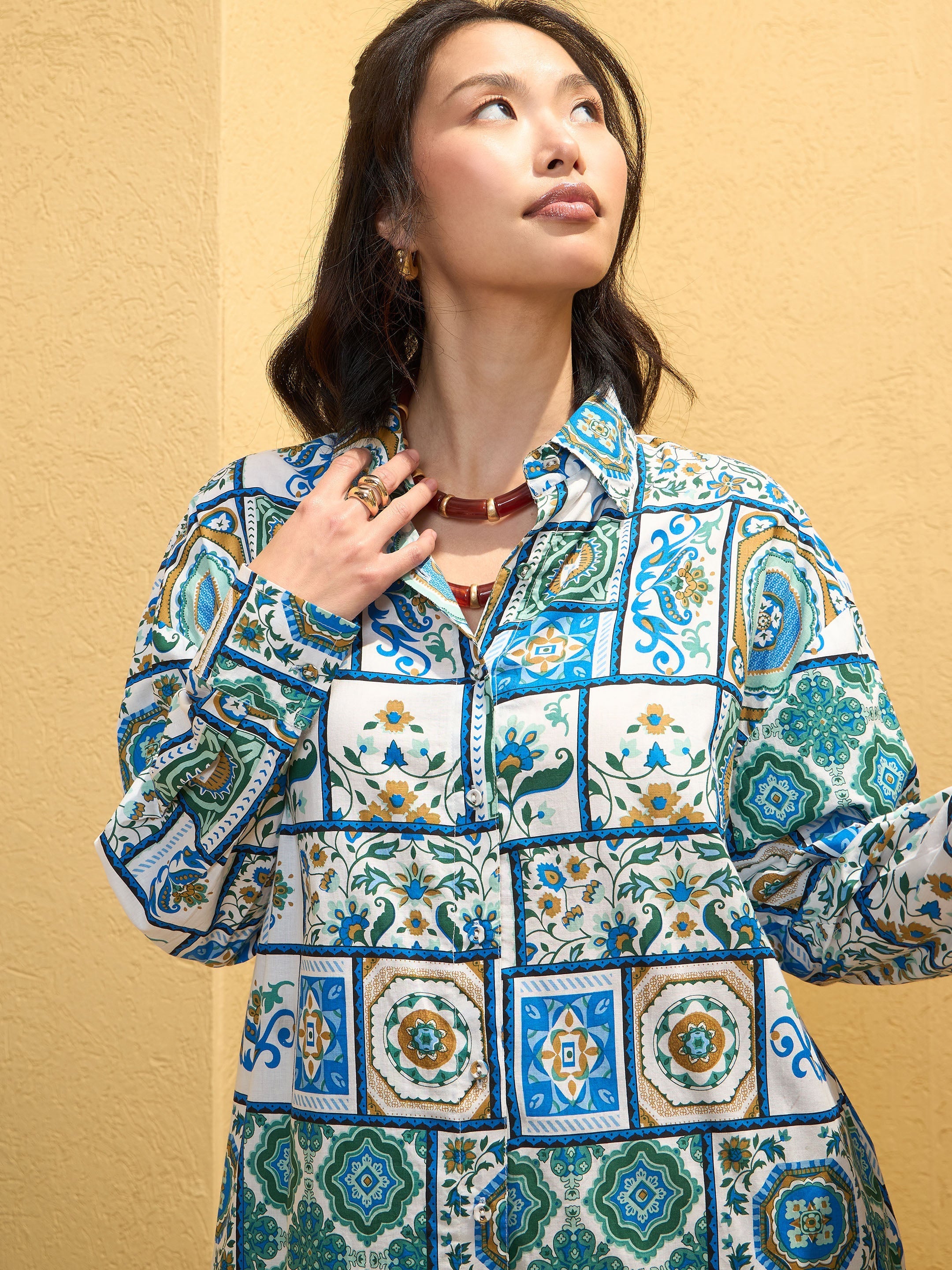 Women Blue & White Cambric Floral Shirt With Pants-SFSETS96140