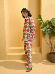 Women Red Cambric Floral Shirt With Pants-SFSETS96142