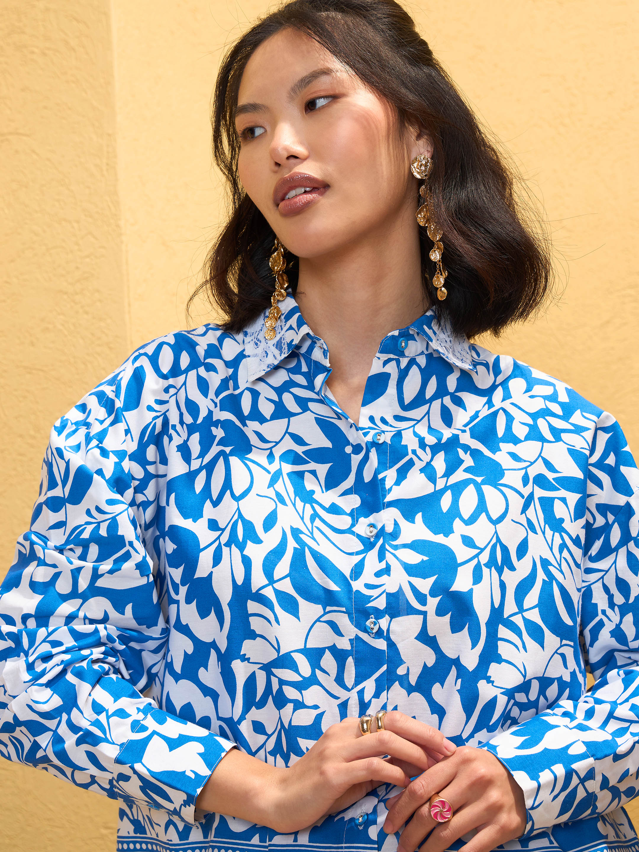Women Blue & White Poplin Floral Shirt With Pants-SFSETS96143