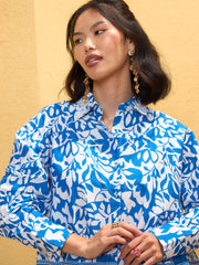 Women Blue & White Poplin Floral Shirt With Pants-SFSETS96143