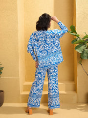 Women Blue & White Poplin Floral Shirt With Pants-SFSETS96143