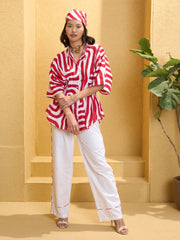 Women Red & White Geometric Shirt With Solid Pants-SFSETS96145