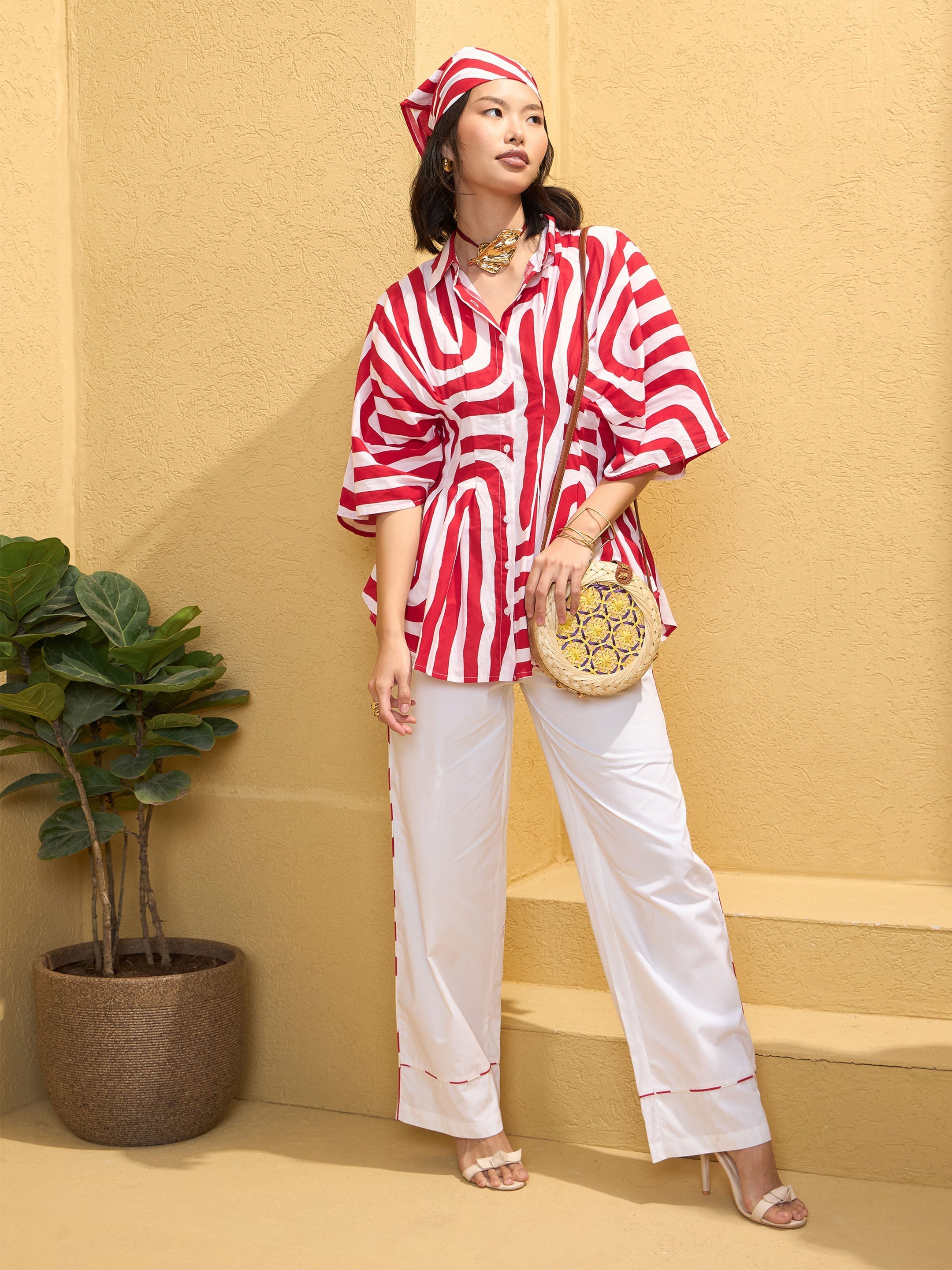 Women Red & White Geometric Shirt With Solid Pants-SFSETS96145