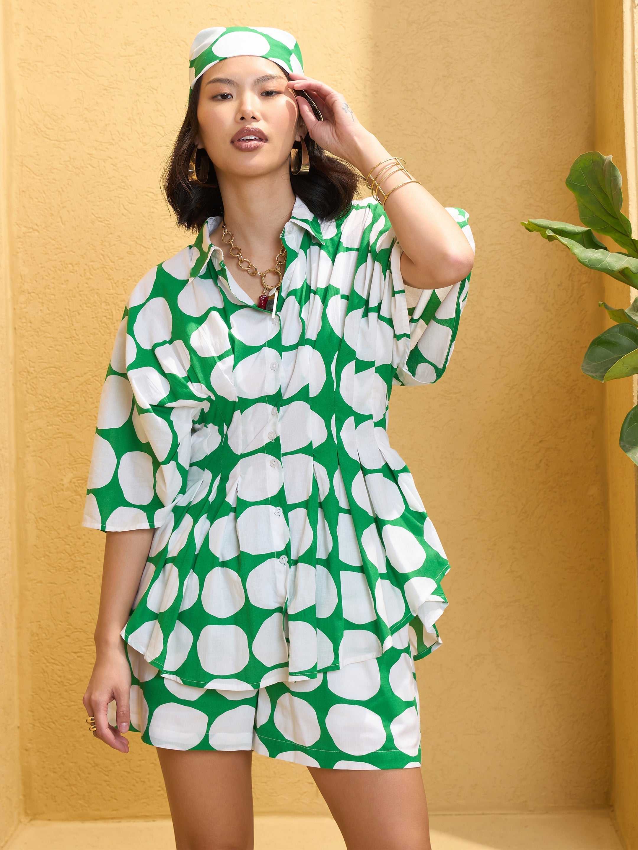 Women Green Polka Dot Shirt with Shorts-SFSETS96146