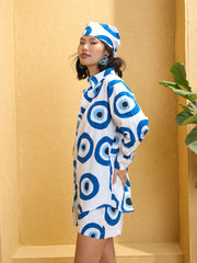 Women White Evil Eye Print Oversized Shirt With Shorts-SFSETS96147