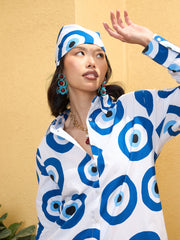 Women White Evil Eye Print Oversized Shirt With Shorts-SFSETS96147