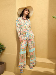 Women Beige Floral Border Print Shirt With Pants-SFSETS96148