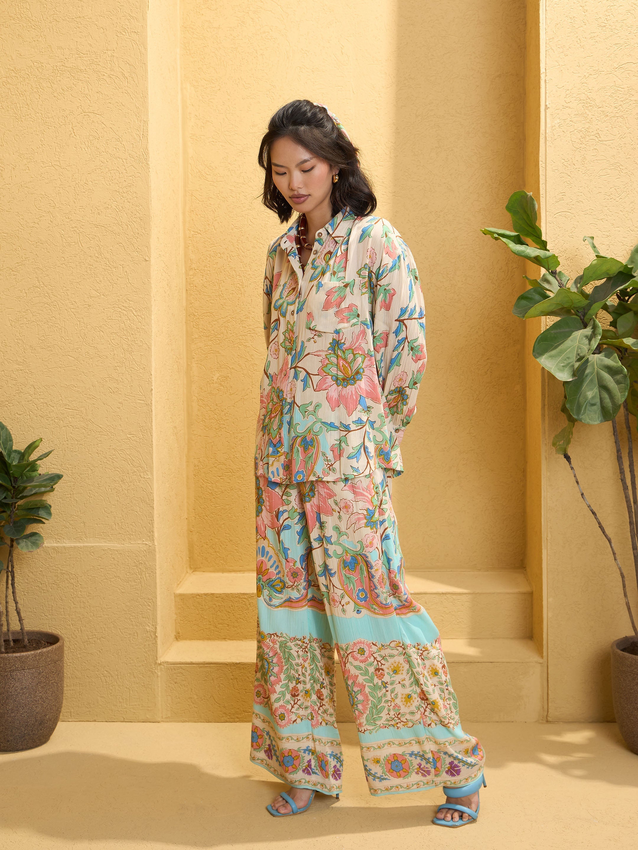 Women Beige Floral Border Print Shirt With Pants-SFSETS96148