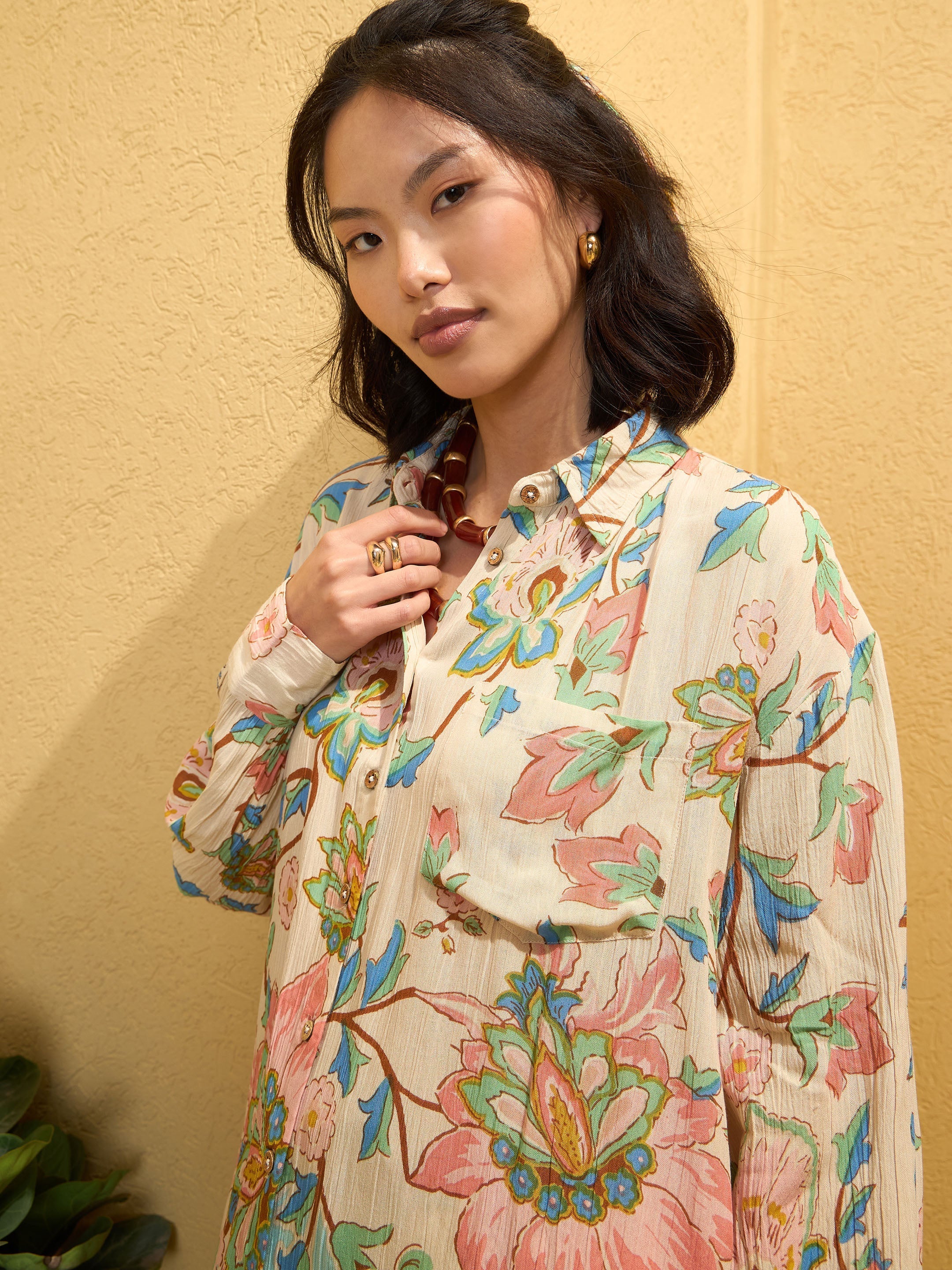 Women Beige Floral Border Print Shirt With Pants-SFSETS96148