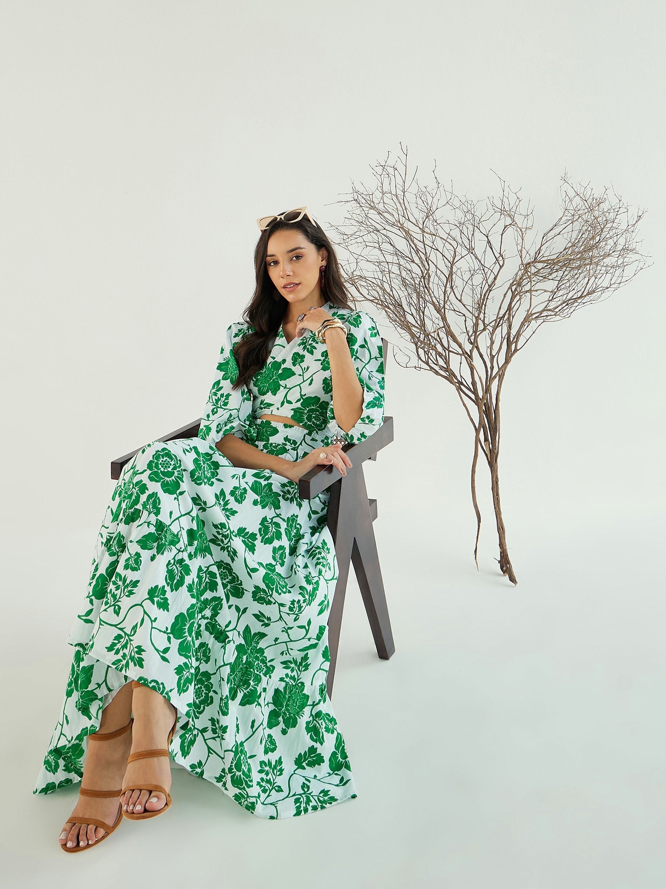 Women White & Green Floral Wrap Neck Top With Skirt-SFSETS96151