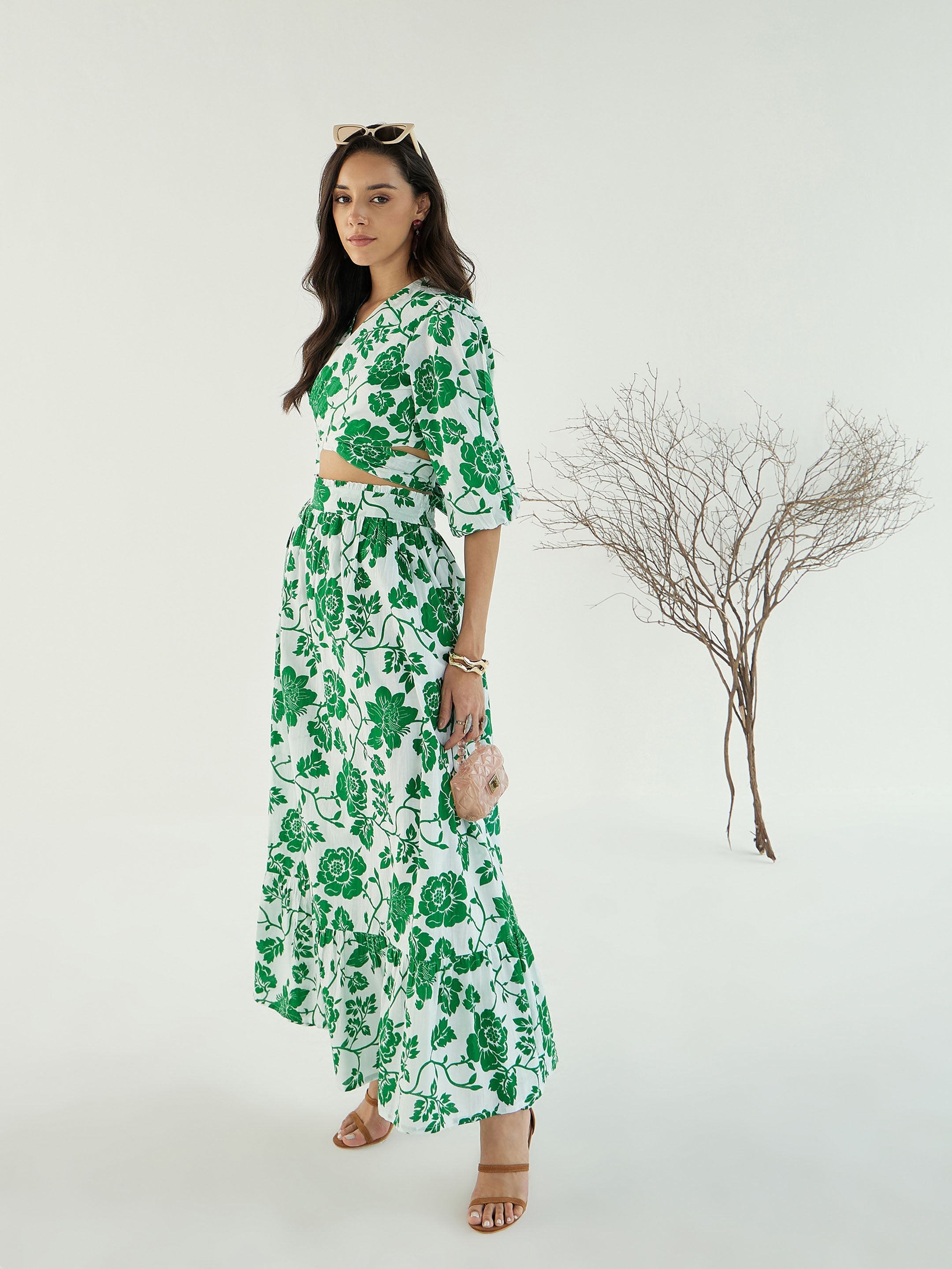 Women White & Green Floral Wrap Neck Top With Skirt-SFSETS96151