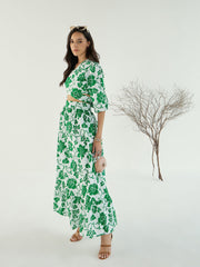 Women White & Green Floral Wrap Neck Top With Skirt-SFSETS96151