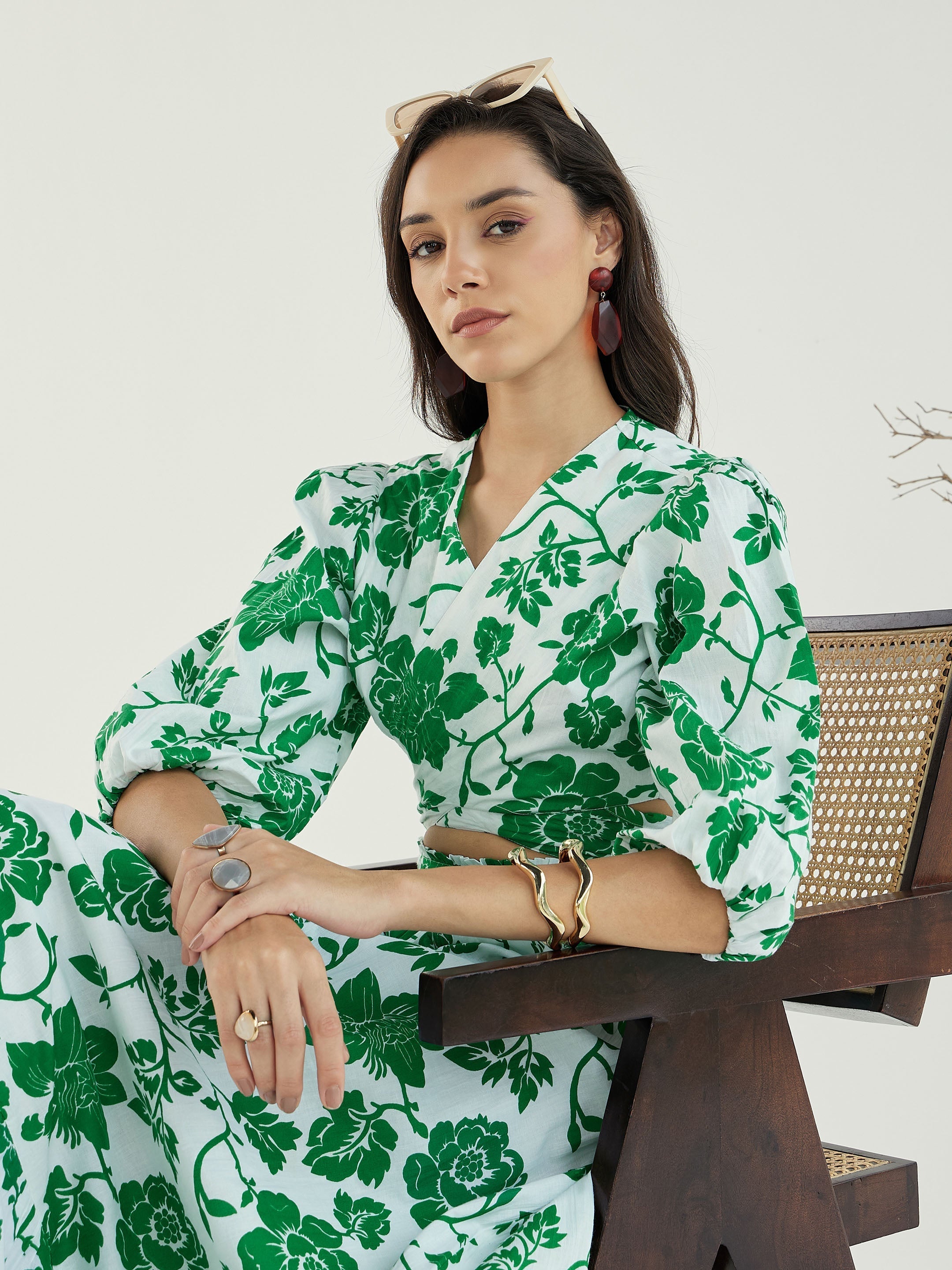 Women White & Green Floral Wrap Neck Top With Skirt-SFSETS96151