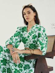Women White & Green Floral Wrap Neck Top With Skirt-SFSETS96151