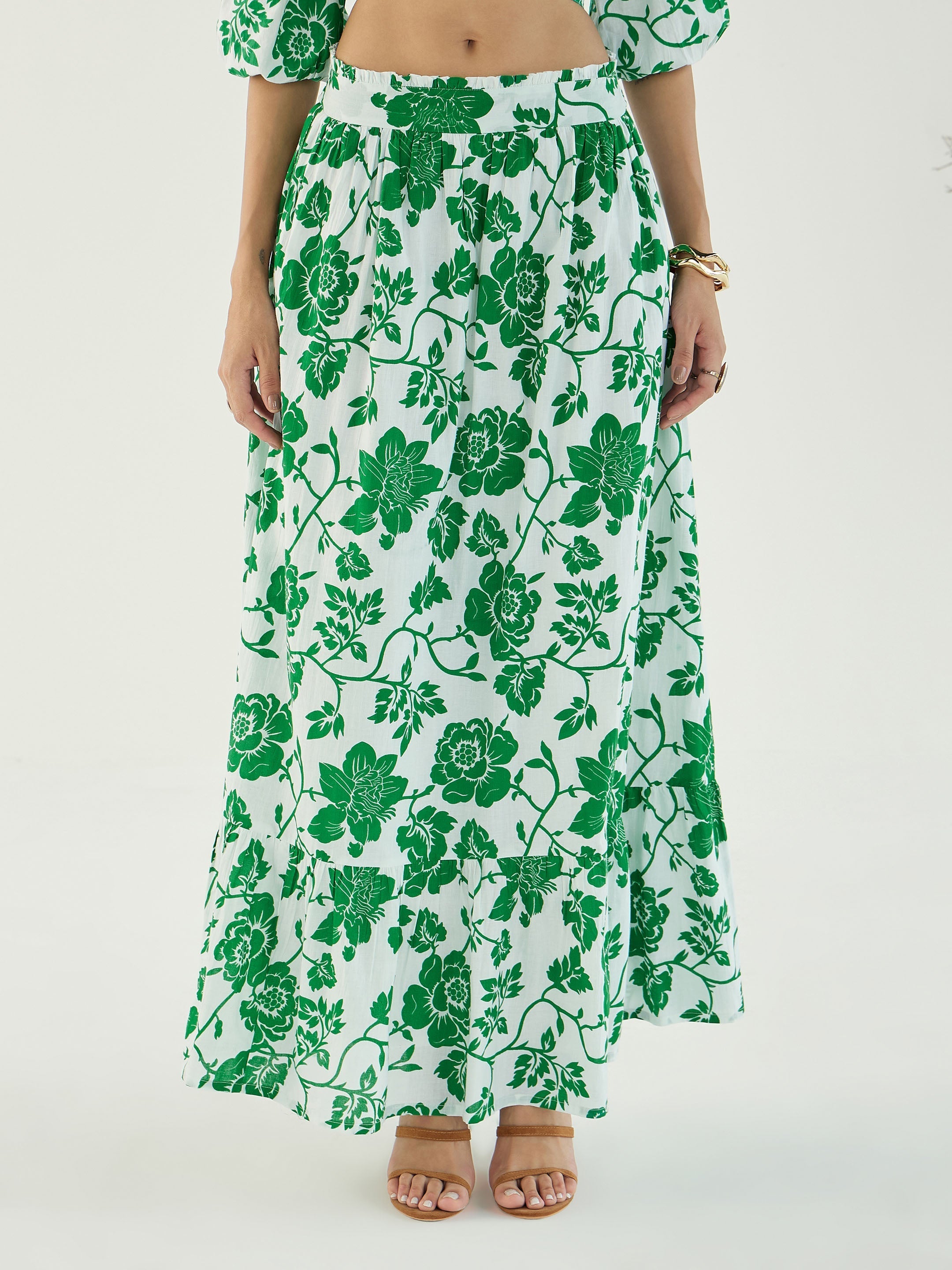 Women White & Green Floral Wrap Neck Top With Skirt-SFSETS96151