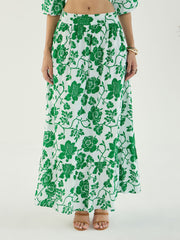 Women White & Green Floral Wrap Neck Top With Skirt-SFSETS96151