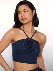 Women Blue Washed Denim Corsage Crop Top With Skirt-SFSETS96231