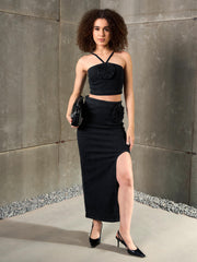 Women Black Washed Denim Corsage Crop Top With Skirt-SFSETS96232