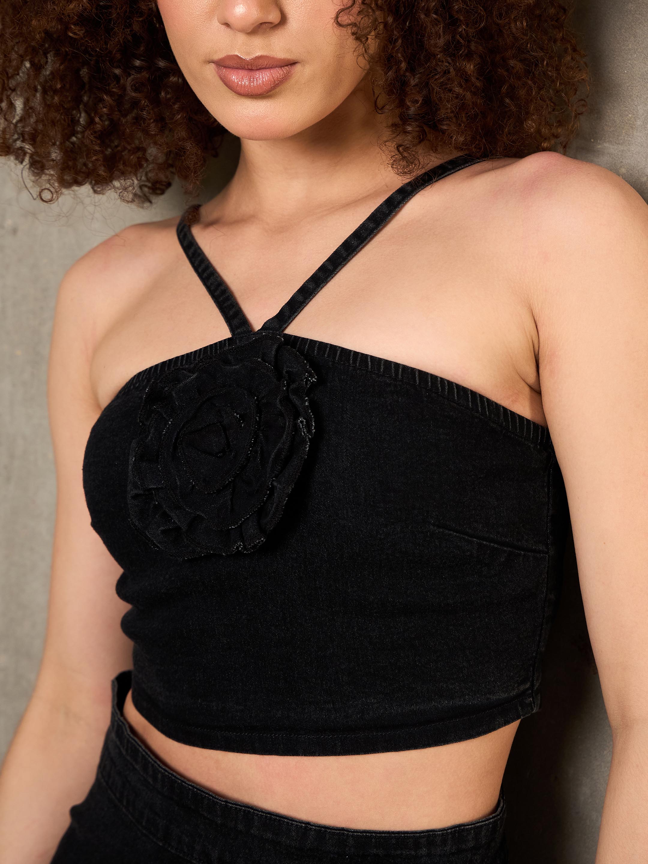 Women Black Washed Denim Corsage Crop Top With Skirt-SFSETS96232